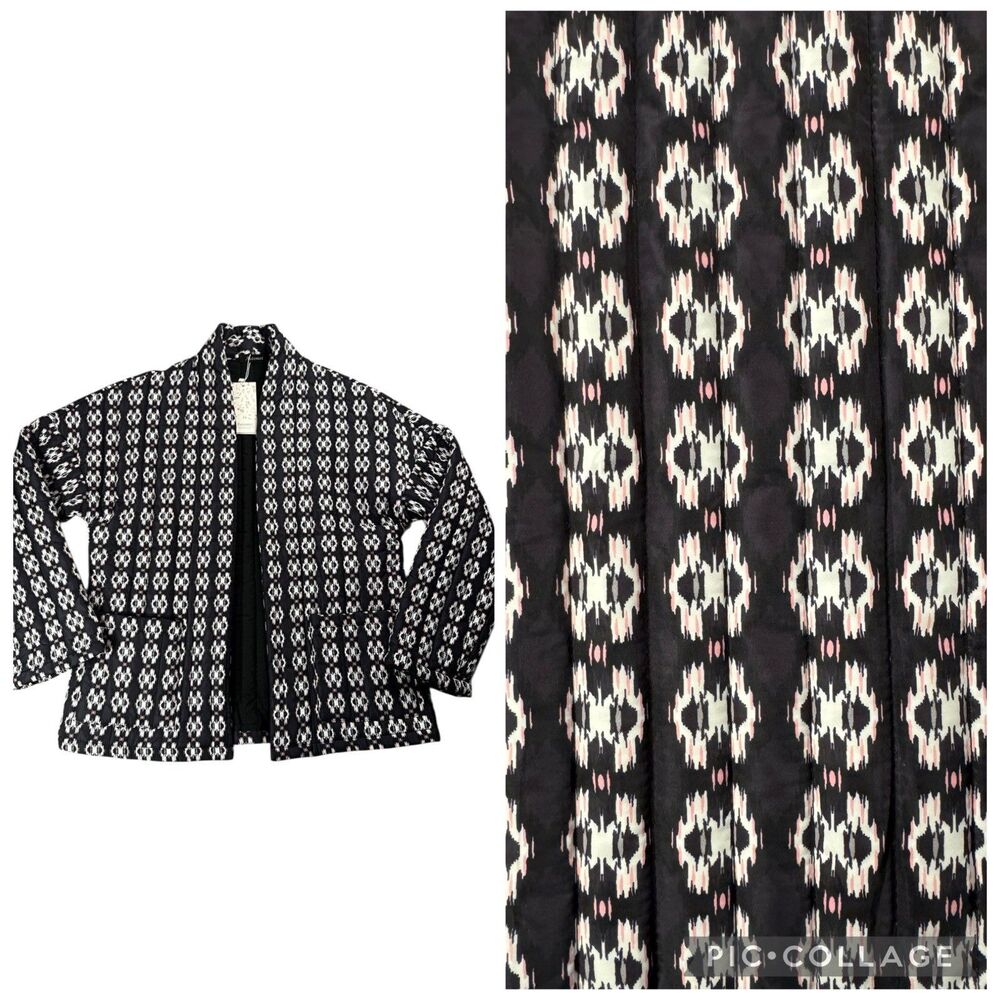 NWT Automet Quilted Open Front‎ Jacket Black White Ikat Small Boho
